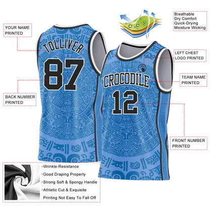 Custom Light Blue Black-White Tribal Ethnic Aztec Sun Stone Side Panel Stripe Round Neck Sublimation Basketball Set Jersey