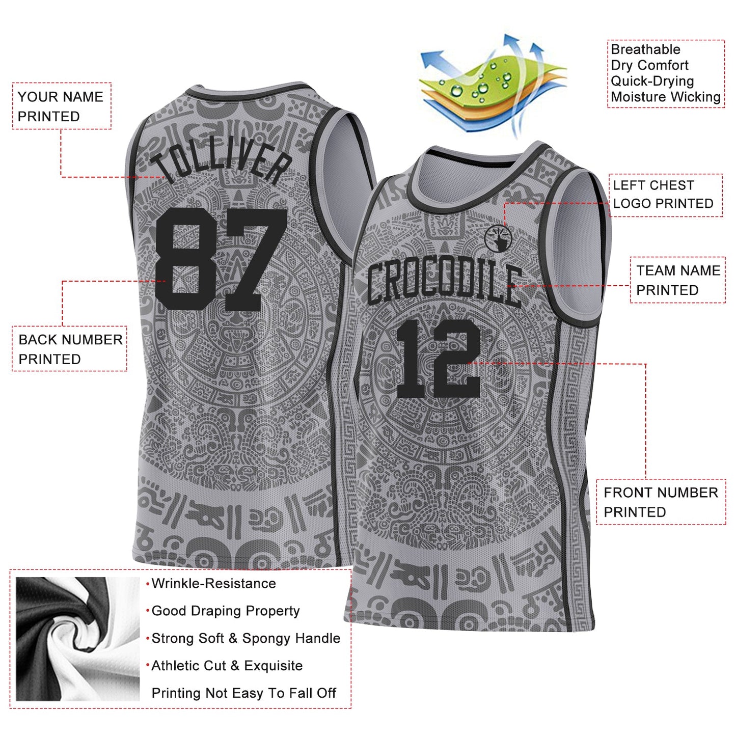 Custom Gray-Black Tribal Ethnic Aztec Sun Stone Side Panel Stripe Round Neck Sublimation Basketball Set Jersey