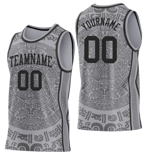 Custom Gray-Black Tribal Ethnic Aztec Sun Stone Side Panel Stripe Round Neck Sublimation Basketball Set Jersey