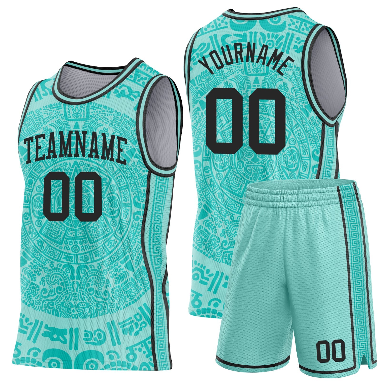 Custom Ice Blue-Black Tribal Ethnic Aztec Sun Stone Side Panel Stripe Round Neck Sublimation Basketball Set Jersey