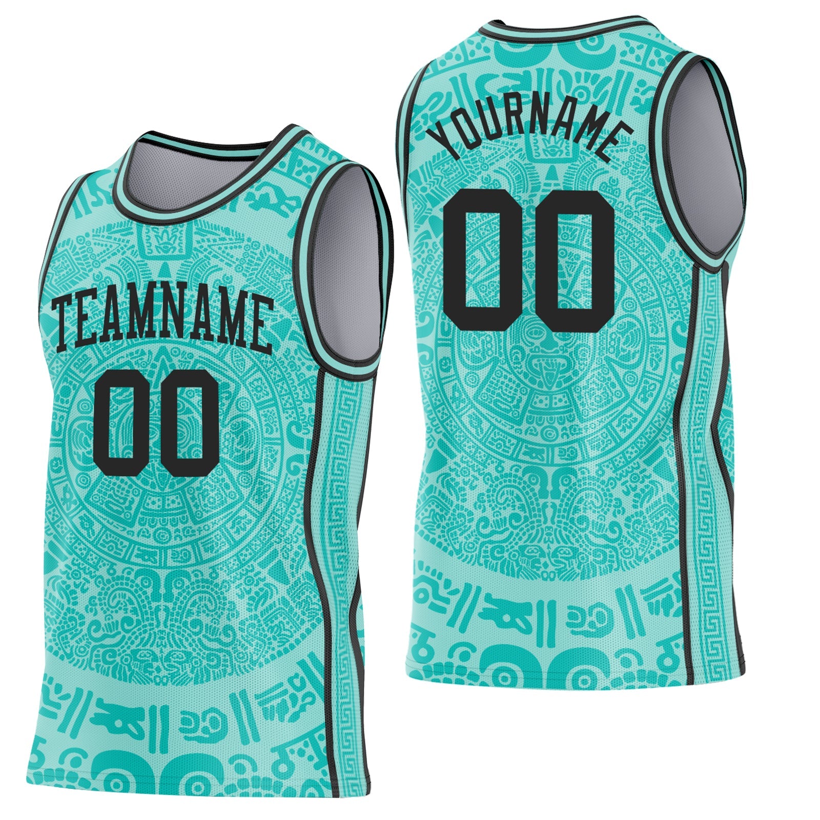 Custom Ice Blue-Black Tribal Ethnic Aztec Sun Stone Side Panel Stripe Round Neck Sublimation Basketball Set Jersey