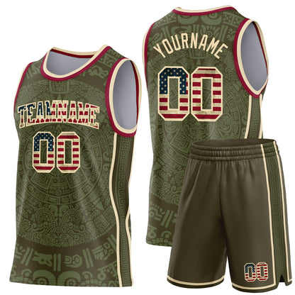 Custom Olive Vintage USA Flag Cream-Maroon Tribal Ethnic Aztec Sun Stone Side Panel Stripe Round Neck Sublimation Basketball Set Jersey
