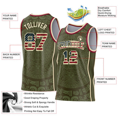 Custom Olive Vintage USA Flag Cream-Maroon Tribal Ethnic Aztec Sun Stone Side Panel Stripe Round Neck Sublimation Basketball Set Jersey