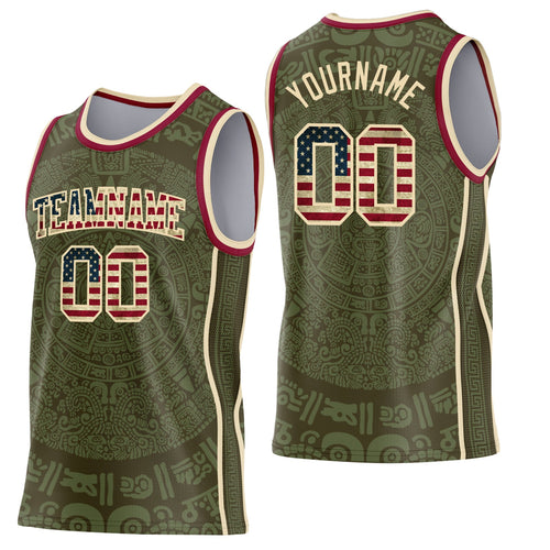 Custom Olive Vintage USA Flag Cream-Maroon Tribal Ethnic Aztec Sun Stone Side Panel Stripe Round Neck Sublimation Basketball Set Jersey
