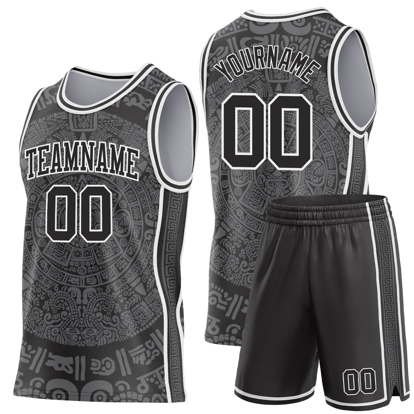Custom Black-White Tribal Ethnic Aztec Sun Stone Side Panel Stripe Round Neck Sublimation Basketball Set Jersey