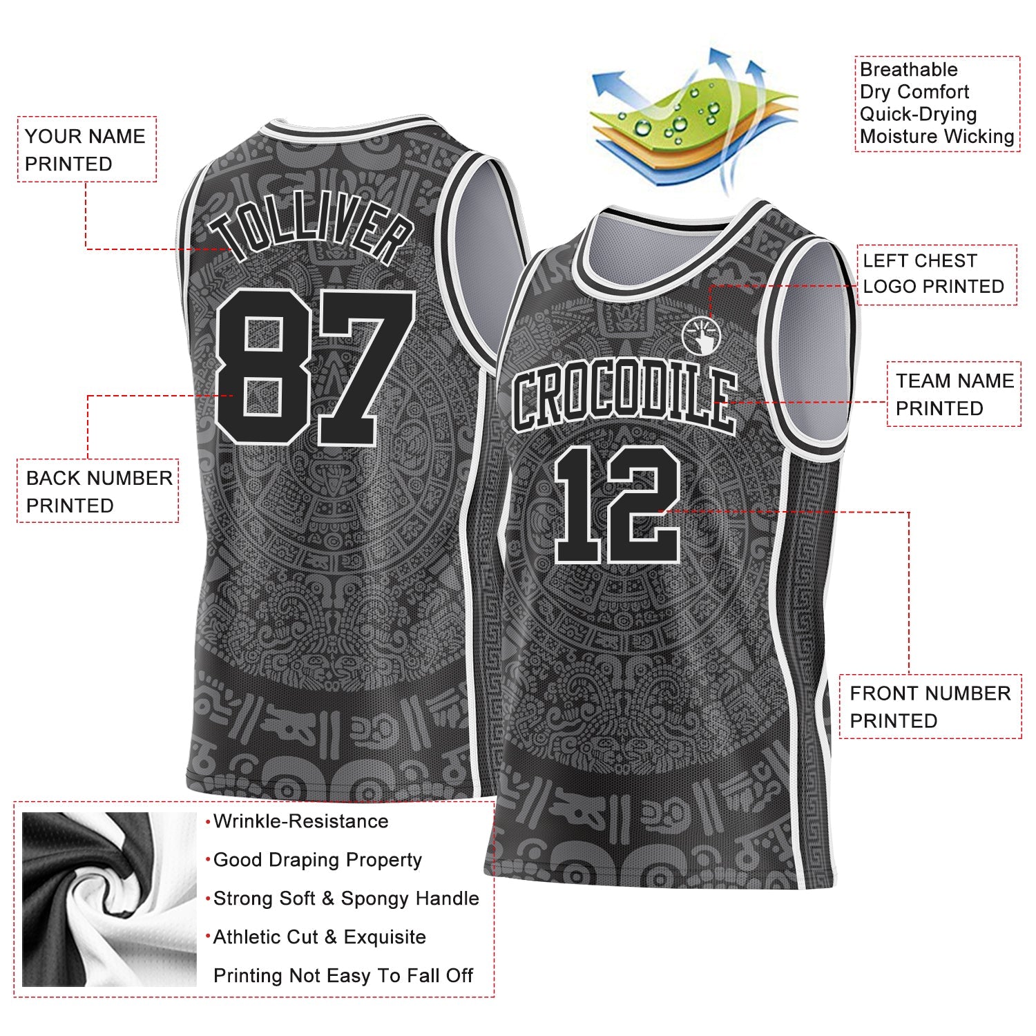 Custom Black-White Tribal Ethnic Aztec Sun Stone Side Panel Stripe Round Neck Sublimation Basketball Set Jersey