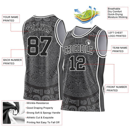 Custom Black-White Tribal Ethnic Aztec Sun Stone Side Panel Stripe Round Neck Sublimation Basketball Set Jersey