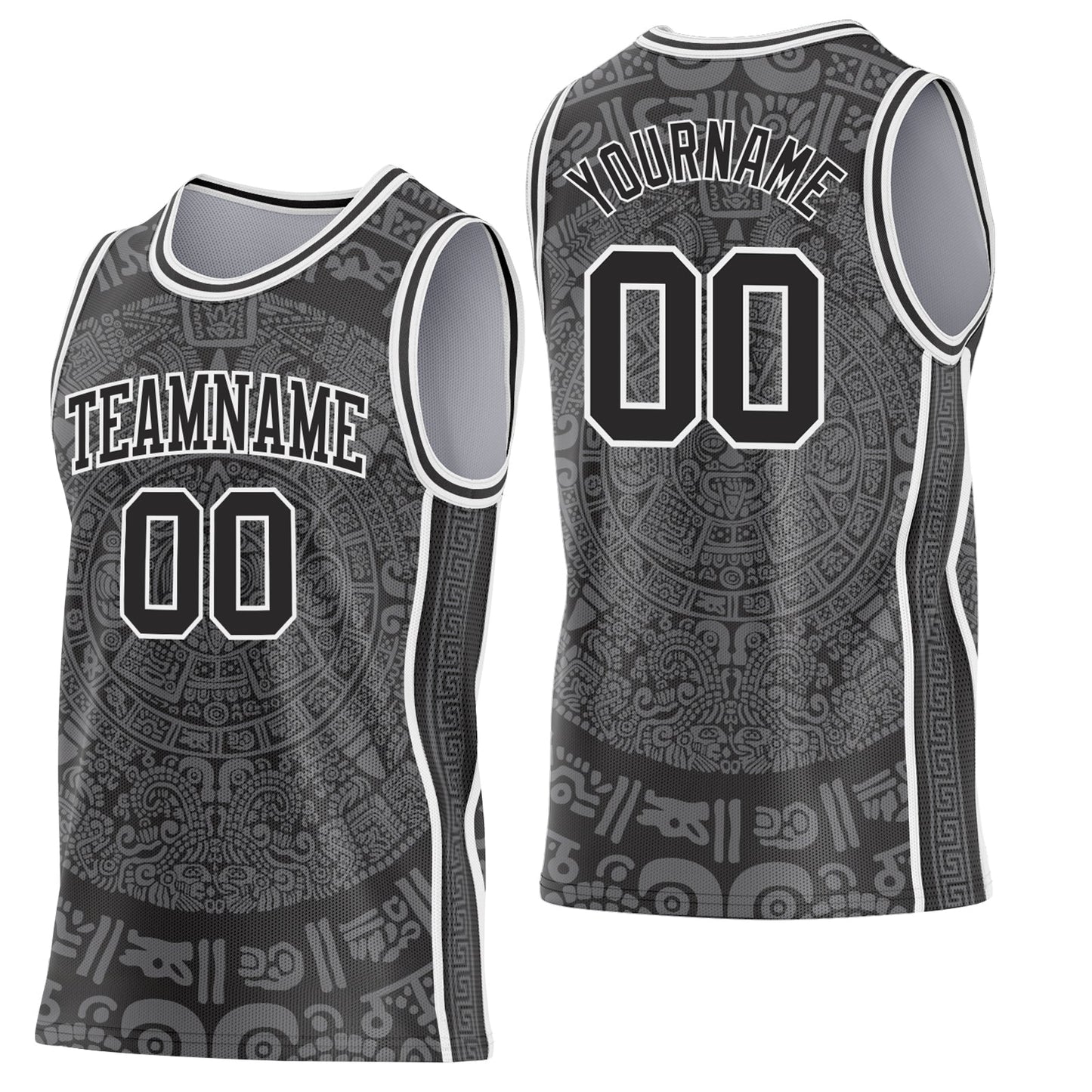 Custom Black-White Tribal Ethnic Aztec Sun Stone Side Panel Stripe Round Neck Sublimation Basketball Set Jersey