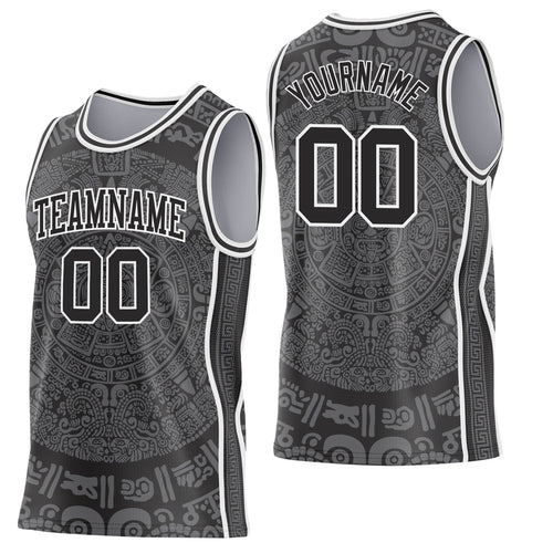 Custom Black-White Tribal Ethnic Aztec Sun Stone Side Panel Stripe Round Neck Sublimation Basketball Set Jersey