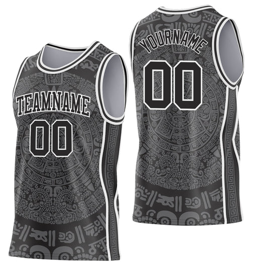 Custom Black-White Tribal Ethnic Aztec Sun Stone Side Panel Stripe Round Neck Sublimation Basketball Set Jersey