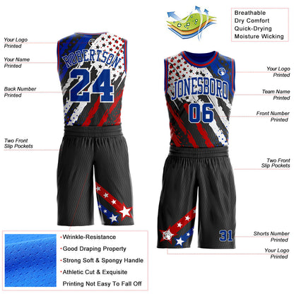 Custom Black Royal White-Red American Flag Patriotic Round Neck Sublimation Basketball Uniform Jersey