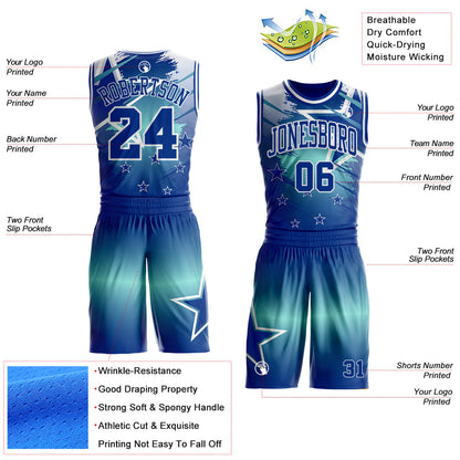 Custom Blue Royal-White Star Grunge Brush Stroke Gradient Round Neck Sublimation Basketball Uniform Jersey