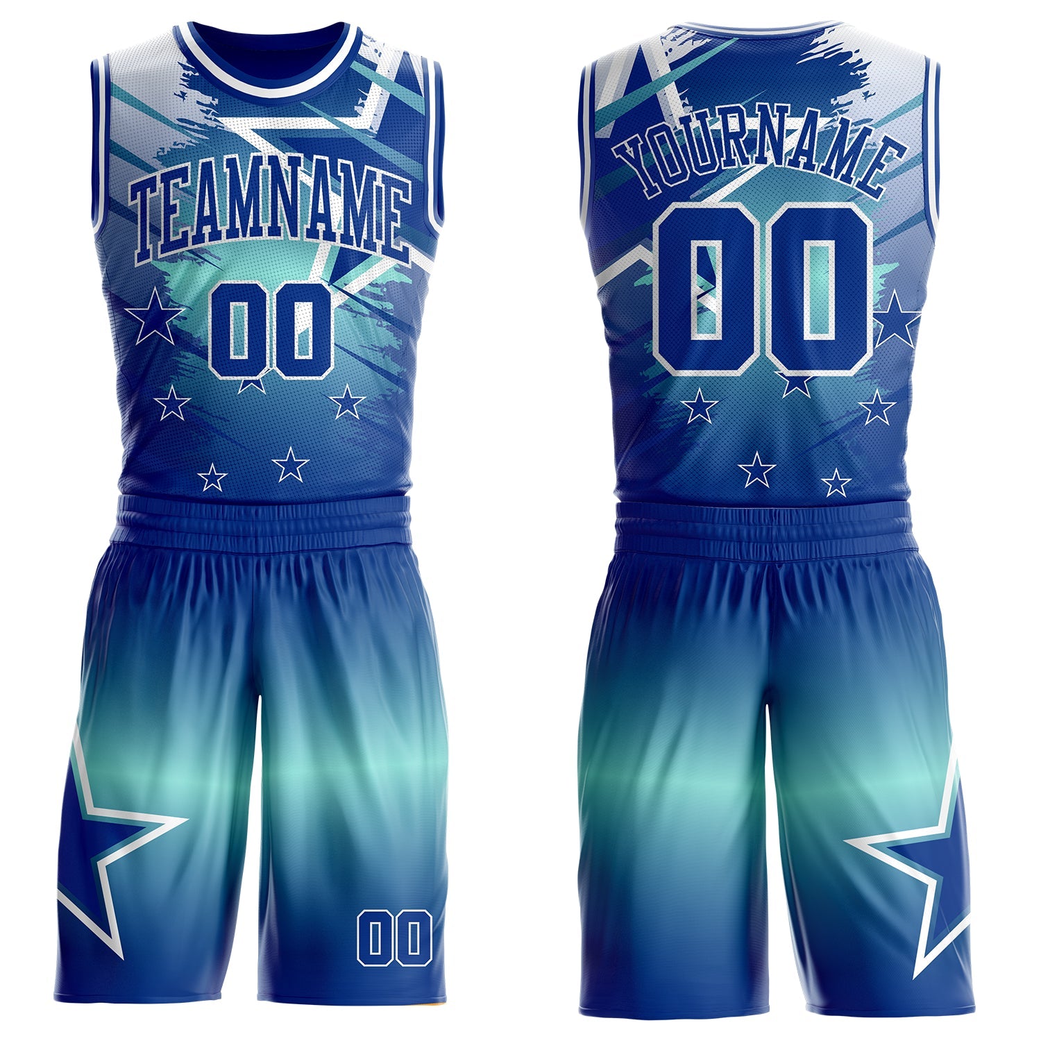 Custom Blue Royal-White Star Grunge Brush Stroke Gradient Round Neck Sublimation Basketball Uniform Jersey