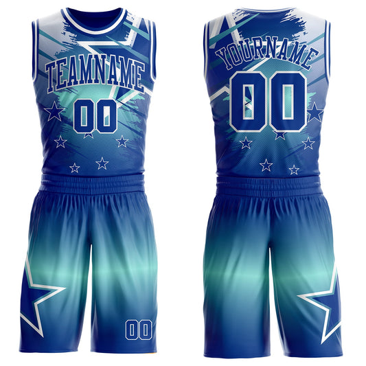 Custom Blue Royal-White Star Grunge Brush Stroke Gradient Round Neck Sublimation Basketball Uniform Jersey