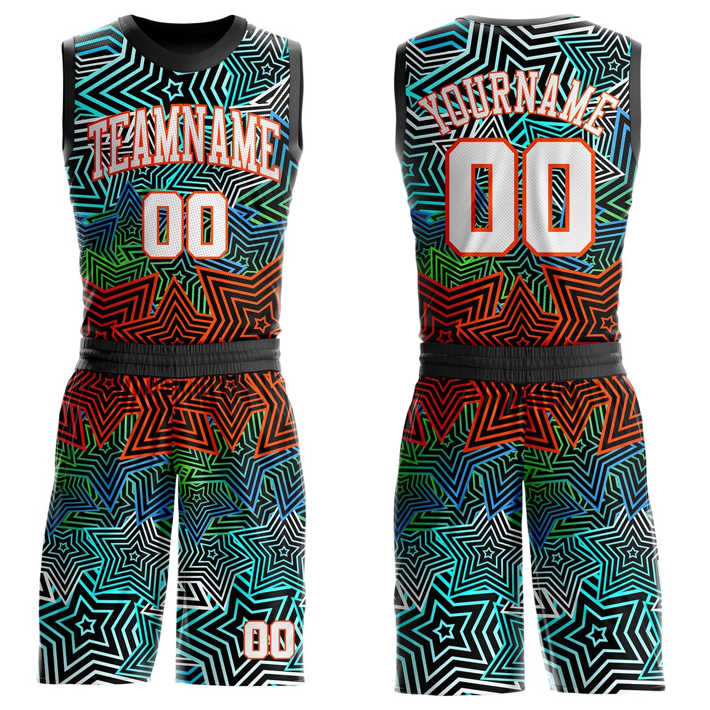 Custom Black White Blue Green-Orange Geometric Starburst Gradient Round Neck Sublimation Basketball Uniform Jersey