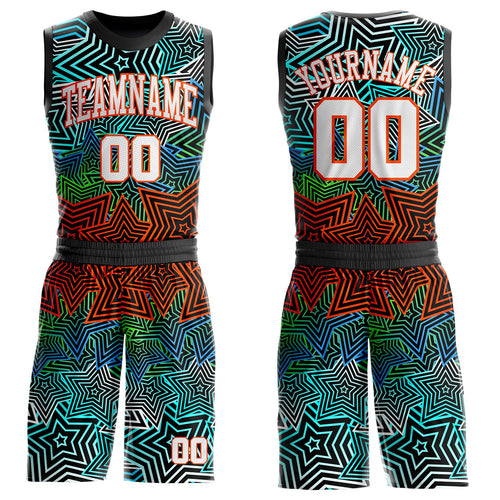 Custom Black White Blue Green-Orange Geometric Starburst Gradient Round Neck Sublimation Basketball Uniform Jersey