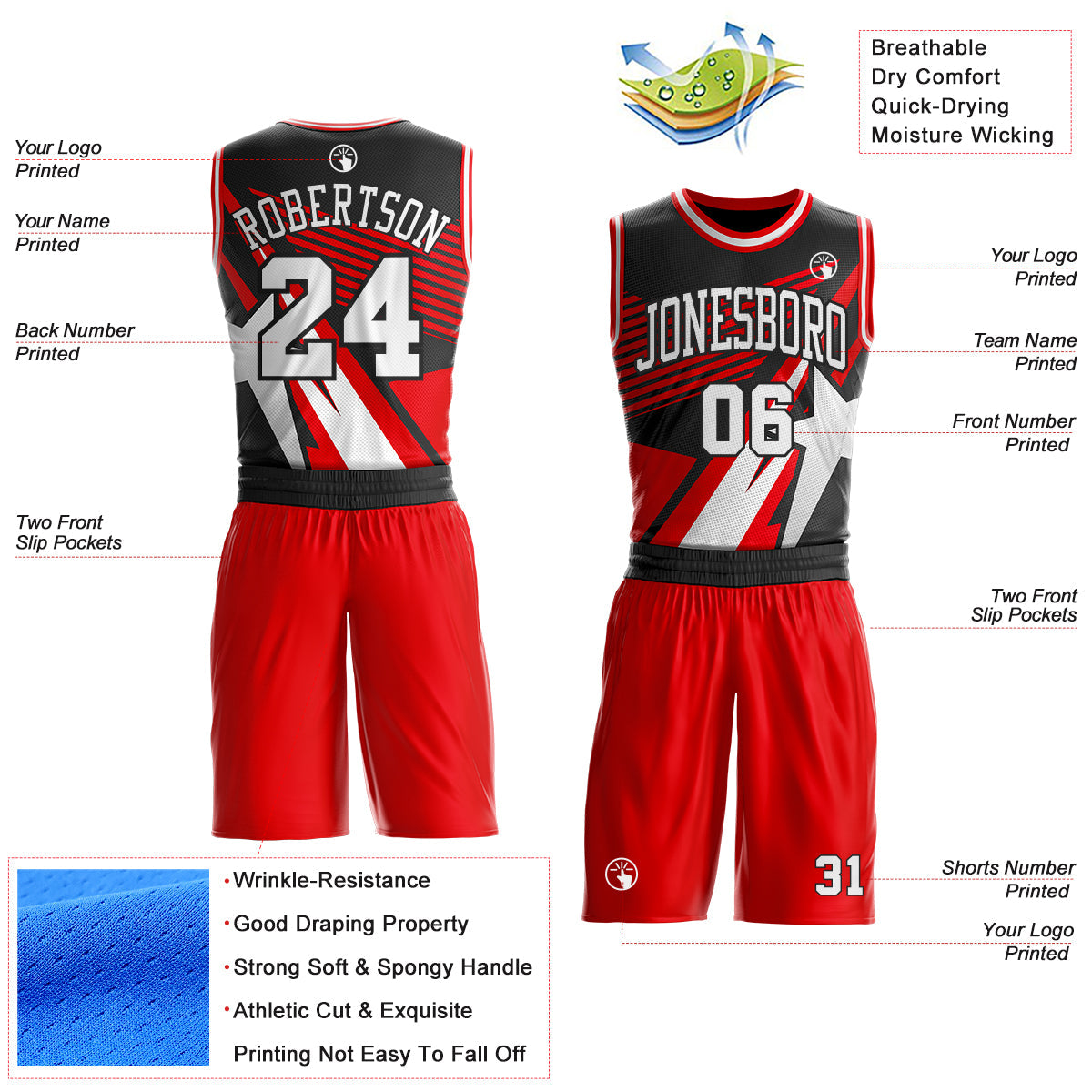 Custom Fire Red White-Black Geometric Star Color Block Round Neck Sublimation Basketball Uniform Jersey