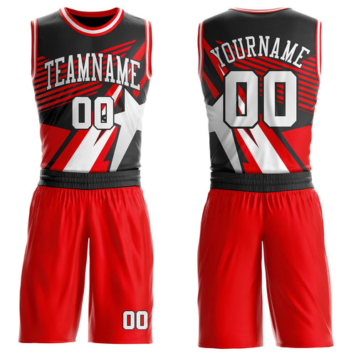 Custom Fire Red White-Black Geometric Star Color Block Round Neck Sublimation Basketball Uniform Jersey
