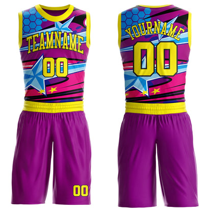 Custom Purple Yellow-Black Neon Star Color Block Round Neck Sublimation Basketball Uniform Jersey
