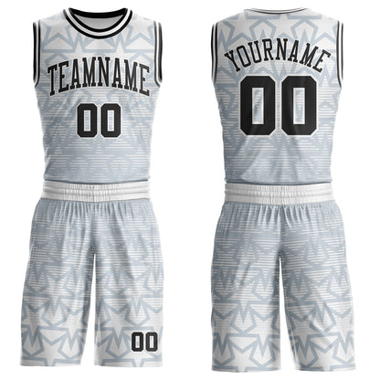 Custom White Black-Silver Geometric Star Gradient Round Neck Sublimation Basketball Uniform Jersey