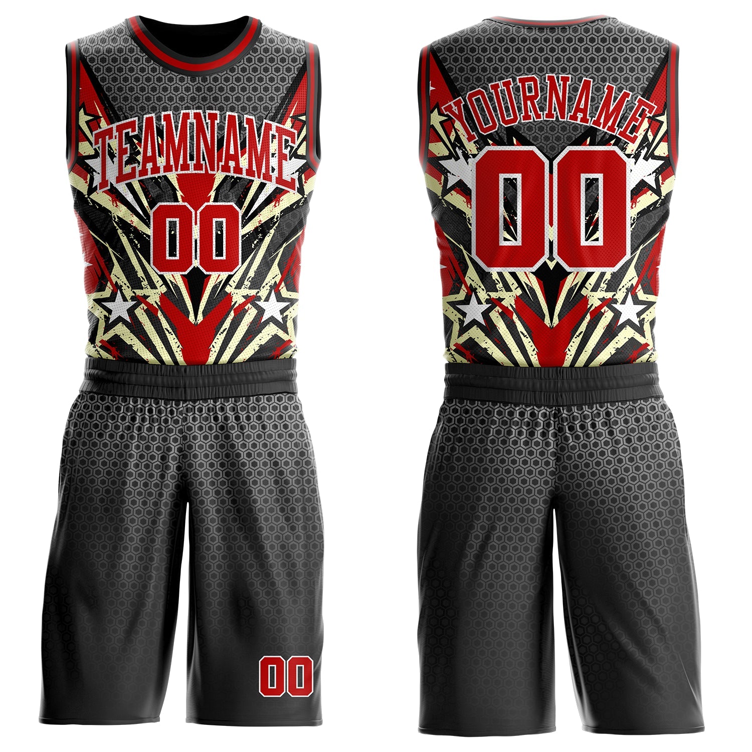 Custom Black Red Yellow-White Geometric Hexagon Starburst Round Neck Sublimation Basketball Uniform Jersey