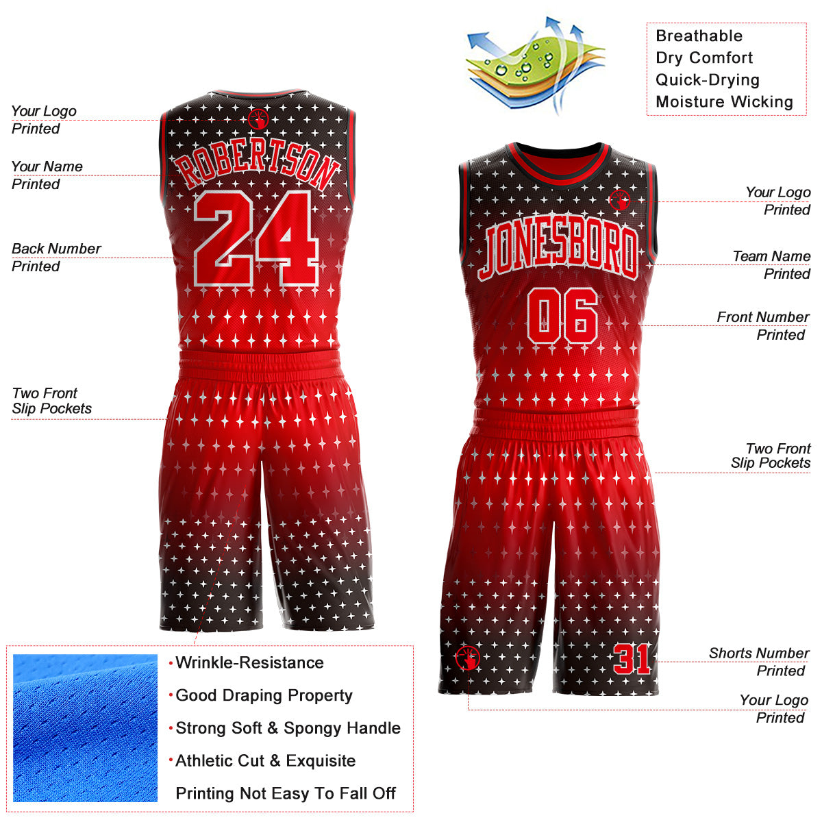 Custom Black Fire Red-White Star Gradient Round Neck Sublimation Basketball Uniform Jersey