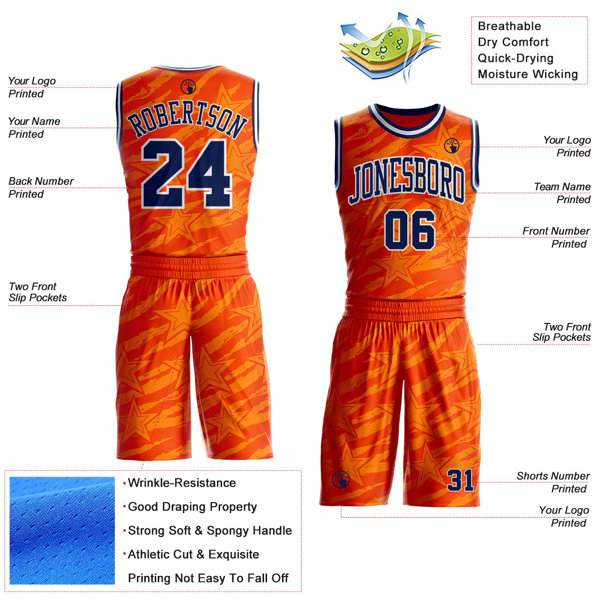 Custom Orange Navy-White Stripe Star Brush Stroke Round Neck Sublimation Basketball Uniform Jersey