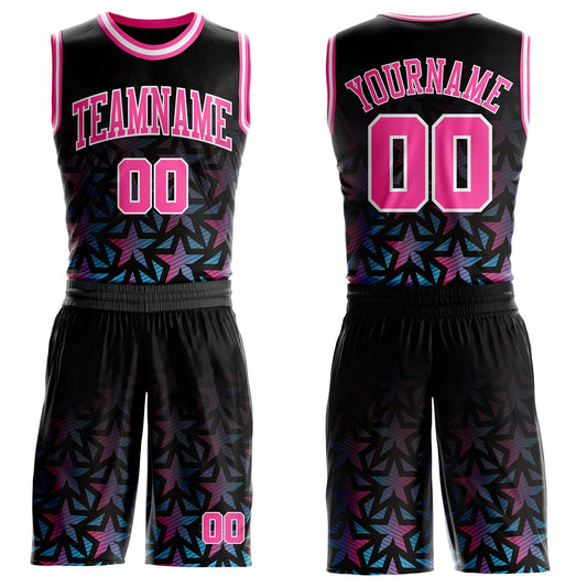 Custom Black Pink-White Gradient Star Round Neck Sublimation Basketball Uniform Jersey