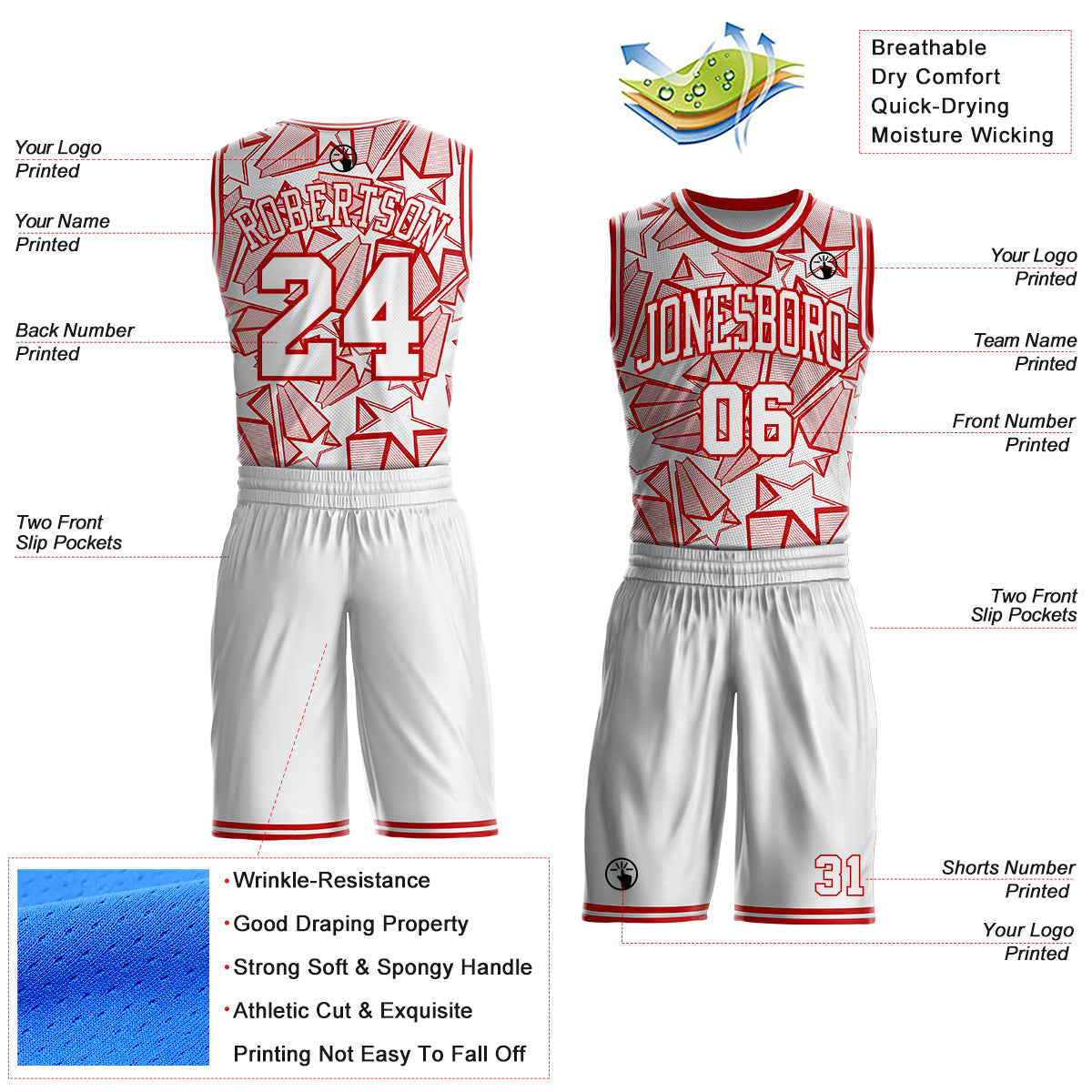 Custom White-Red Geometric Star Texture Round Neck Sublimation Basketball Uniform Jersey