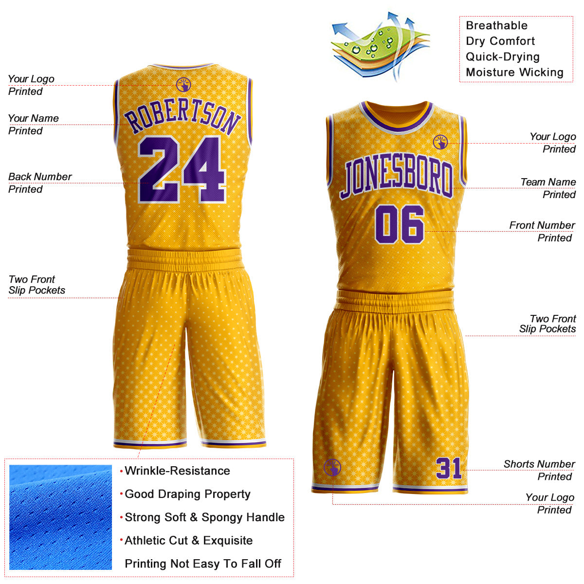 Custom Gold Purple-White Star Starry Speckle Round Neck Sublimation Basketball Uniform Jersey