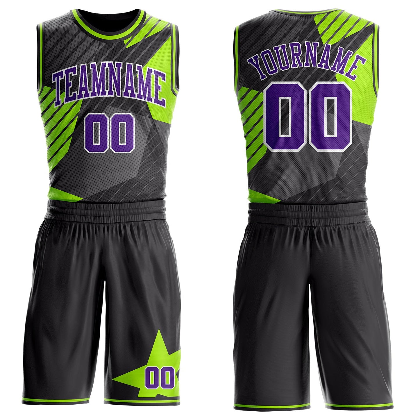 Custom Black Purple White-Neon Green Stripe Star Color Block Round Neck Sublimation Basketball Uniform Jersey