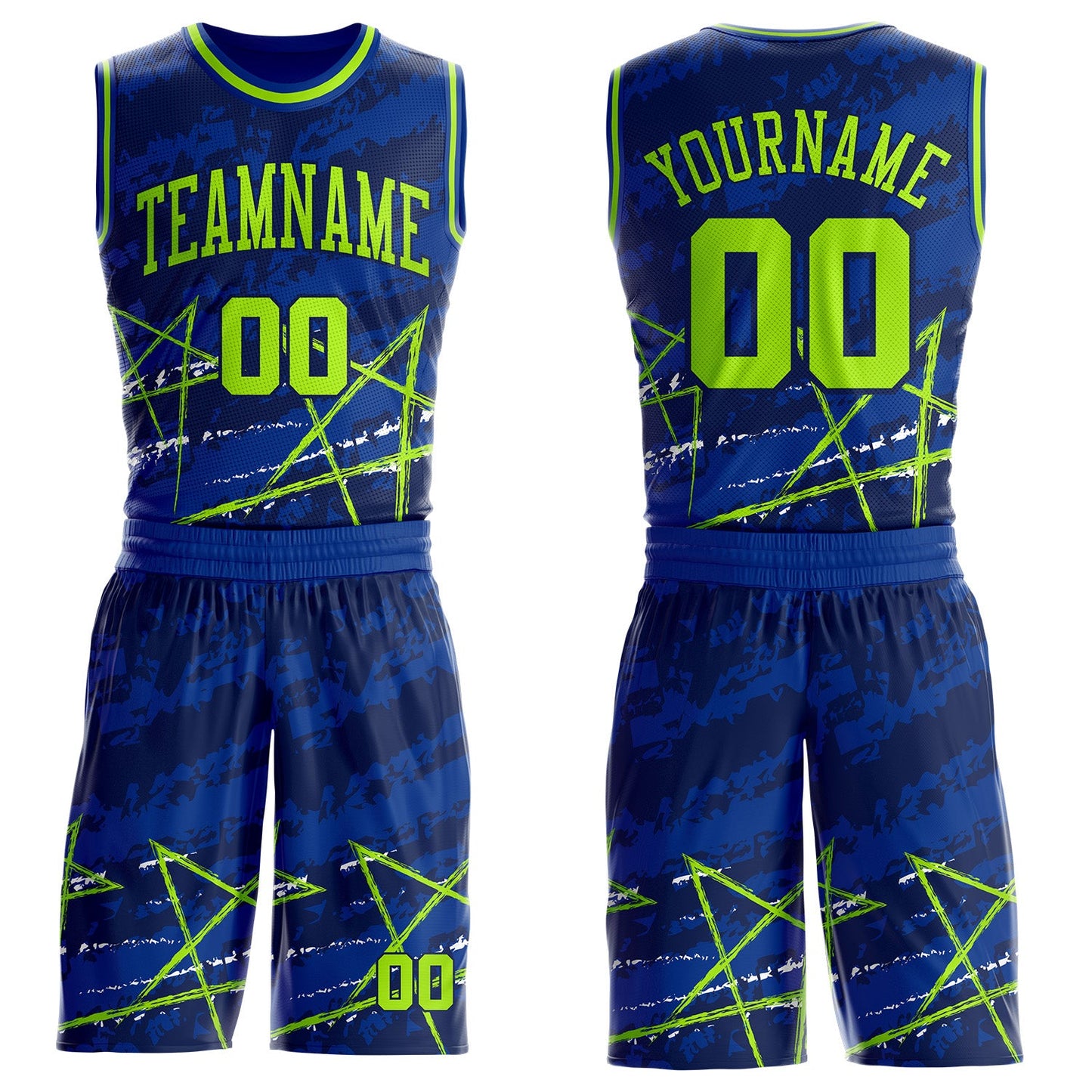 Custom Royal Neon Green-Navy Star Splatter Brush Stroke Round Neck Sublimation Basketball Uniform Jersey
