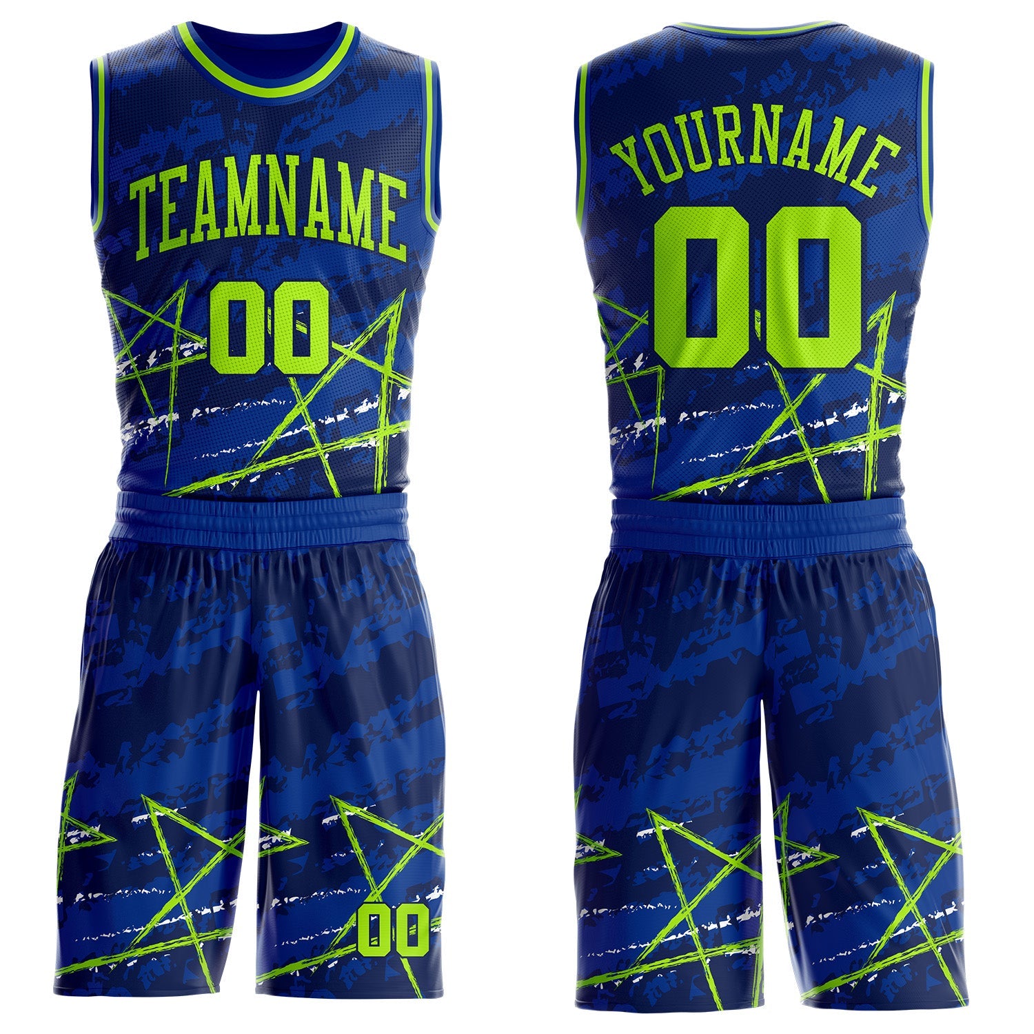 Custom Royal Neon Green-Navy Star Splatter Brush Stroke Round Neck Sublimation Basketball Uniform Jersey