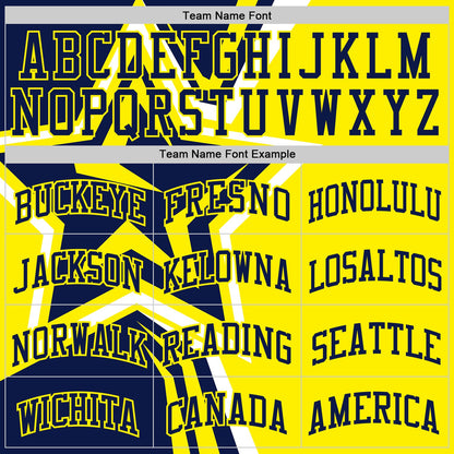 Custom Navy-Light Yellow Geometric Stripe Star Color Block Round Neck Sublimation Basketball Uniform Jersey