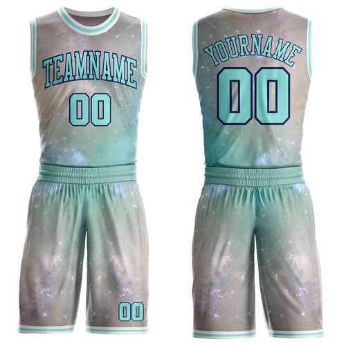 Custom Gray Ice Blue Navy-White Nebula Starry Galaxy Space Round Neck Sublimation Basketball Uniform Jersey