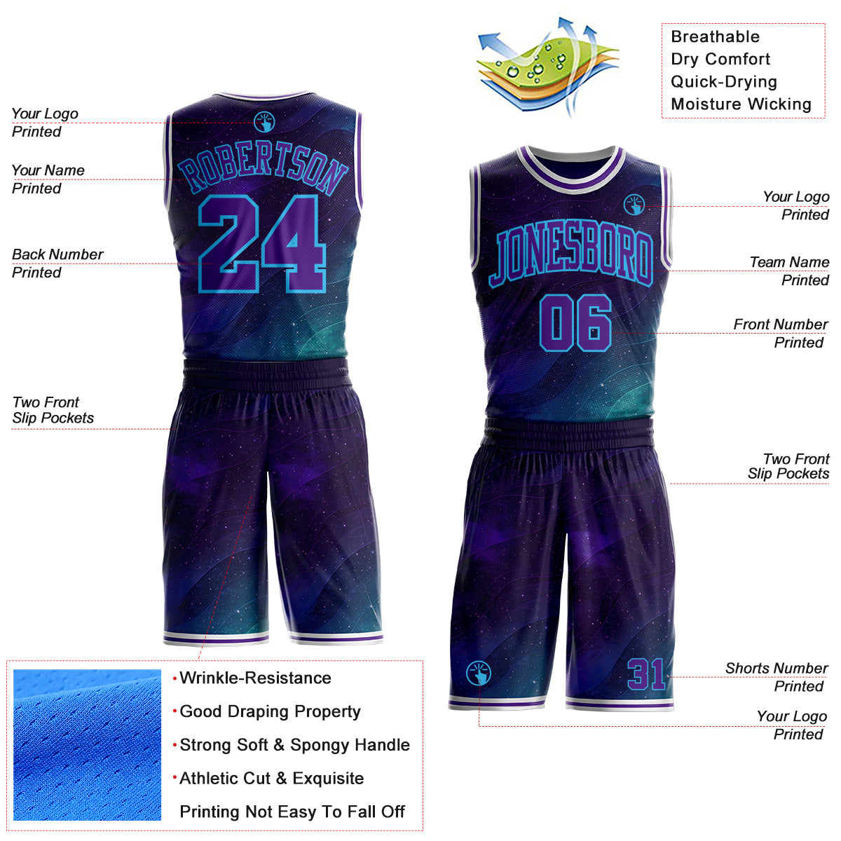 Custom Blue Purple Sky Blue-White Nebula Starry Galaxy Space Round Neck Sublimation Basketball Uniform Jersey