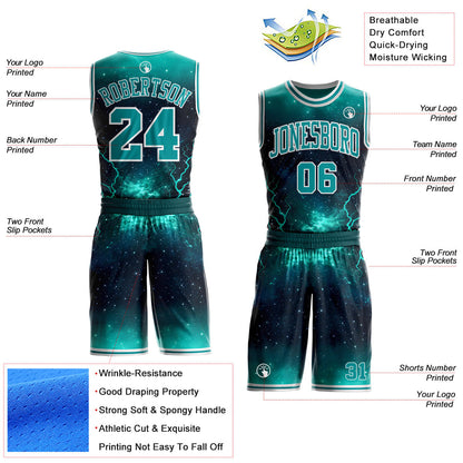 Custom Blue Teal-White Lightning Nebula Starry Aurora Galaxy Space Round Neck Sublimation Basketball Uniform Jersey