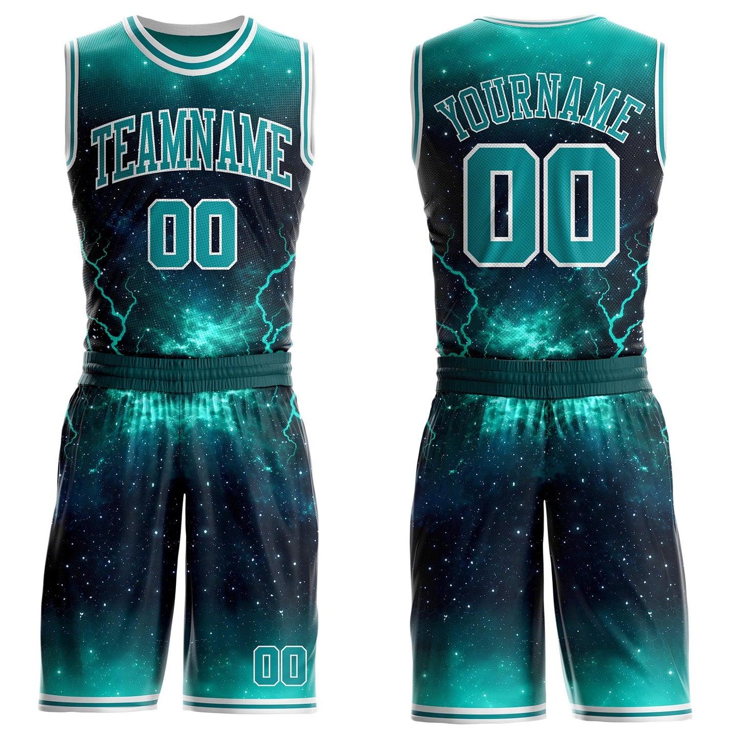 Custom Blue Teal-White Lightning Nebula Starry Aurora Galaxy Space Round Neck Sublimation Basketball Uniform Jersey