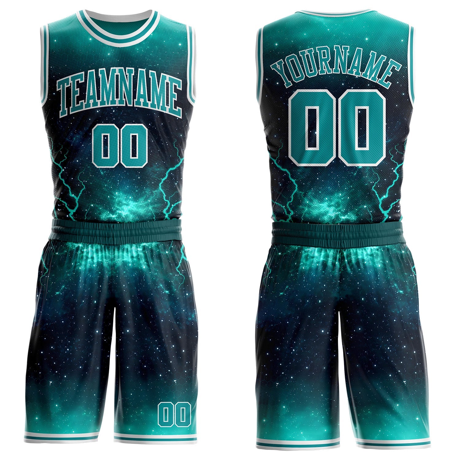 Custom Blue Teal-White Lightning Nebula Starry Aurora Galaxy Space Round Neck Sublimation Basketball Uniform Jersey