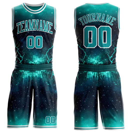 Custom Blue Teal-White Lightning Nebula Starry Aurora Galaxy Space Round Neck Sublimation Basketball Uniform Jersey