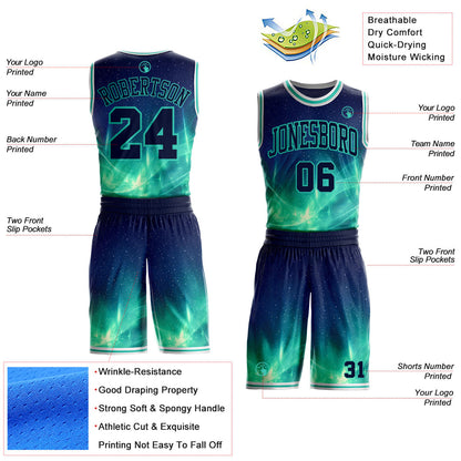 Custom Blue Green-White Nebula Starry Aurora Galaxy Space Round Neck Sublimation Basketball Uniform Jersey