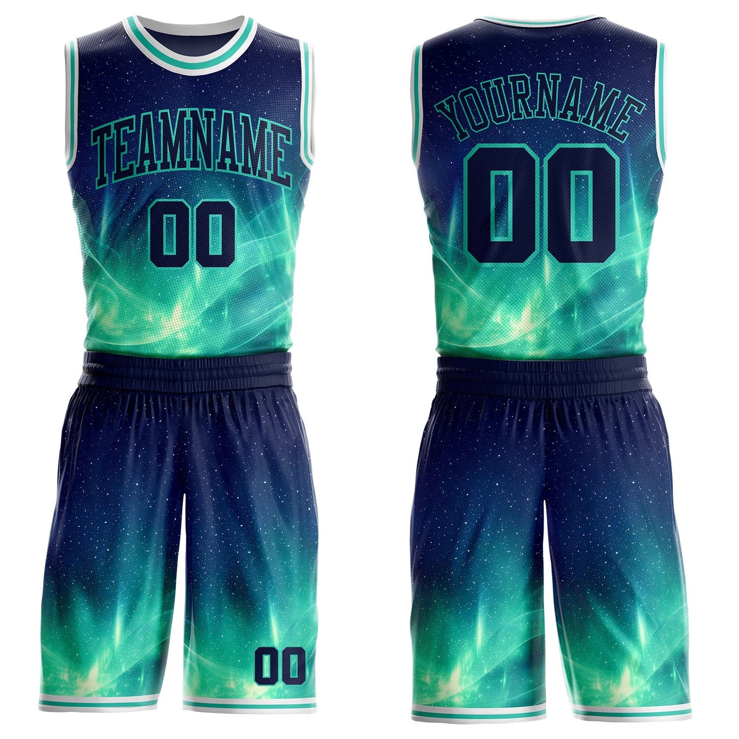 Custom Blue Green-White Nebula Starry Aurora Galaxy Space Round Neck Sublimation Basketball Uniform Jersey