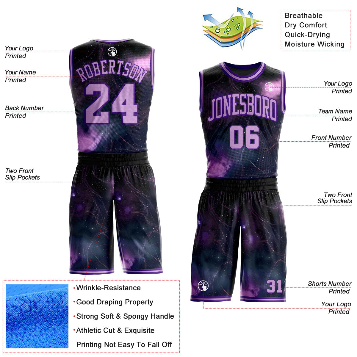 Custom Purple-Light Purple Nebula Starry Aurora Galaxy Space Round Neck Sublimation Basketball Uniform Jersey