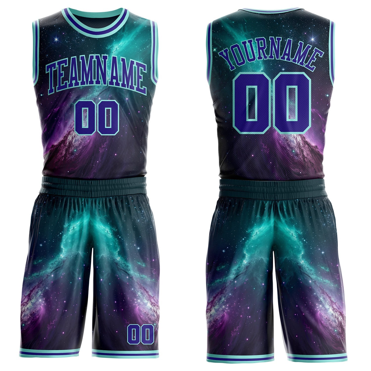 Custom Blue Dark Purple-Ice Blue Nebula Starry Aurora Galaxy Space Round Neck Sublimation Basketball Uniform Jersey