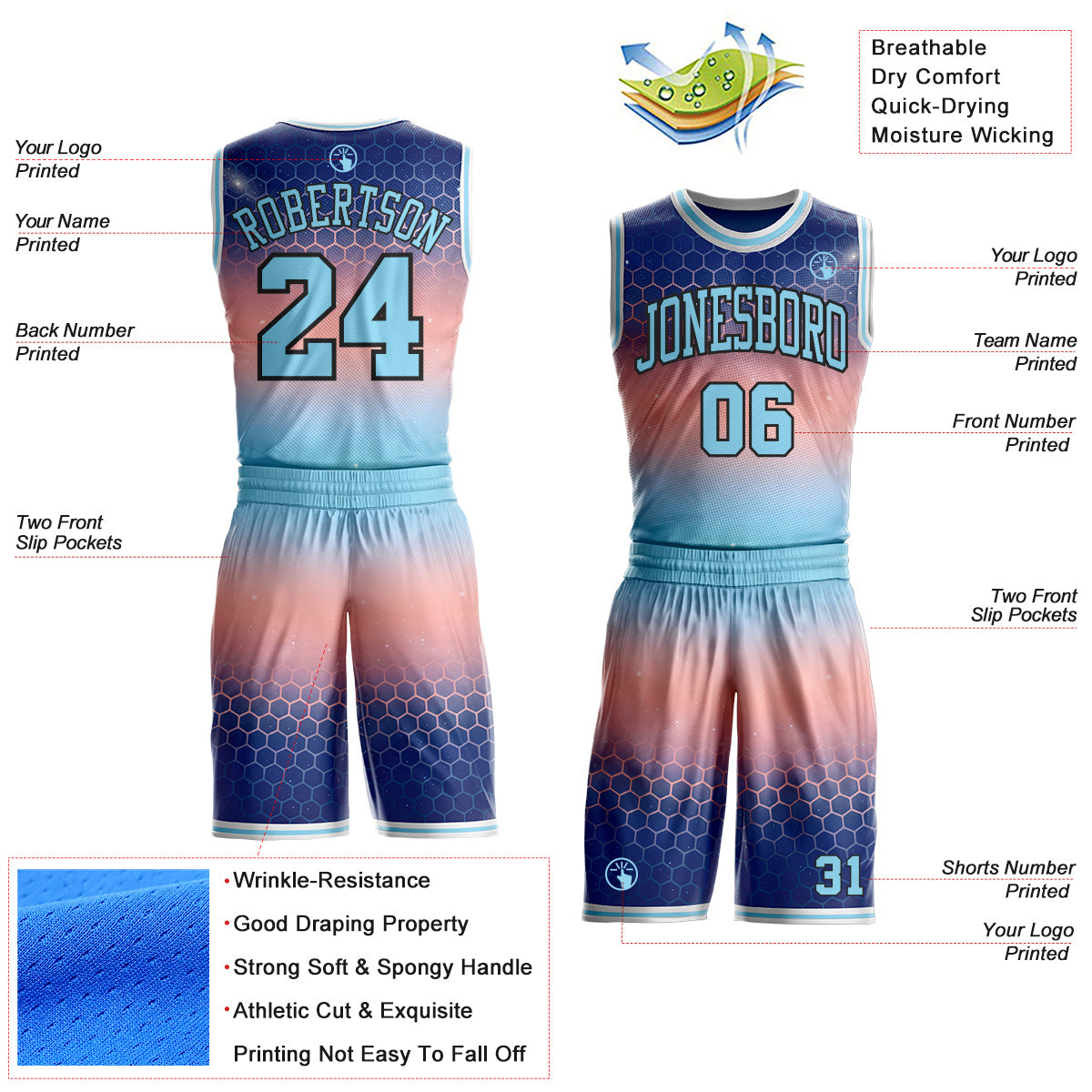 Custom Blue Light Pink Black-White Nebula Starry Galaxy Space Geometric Honeycomb Round Neck Sublimation Basketball Uniform Jersey