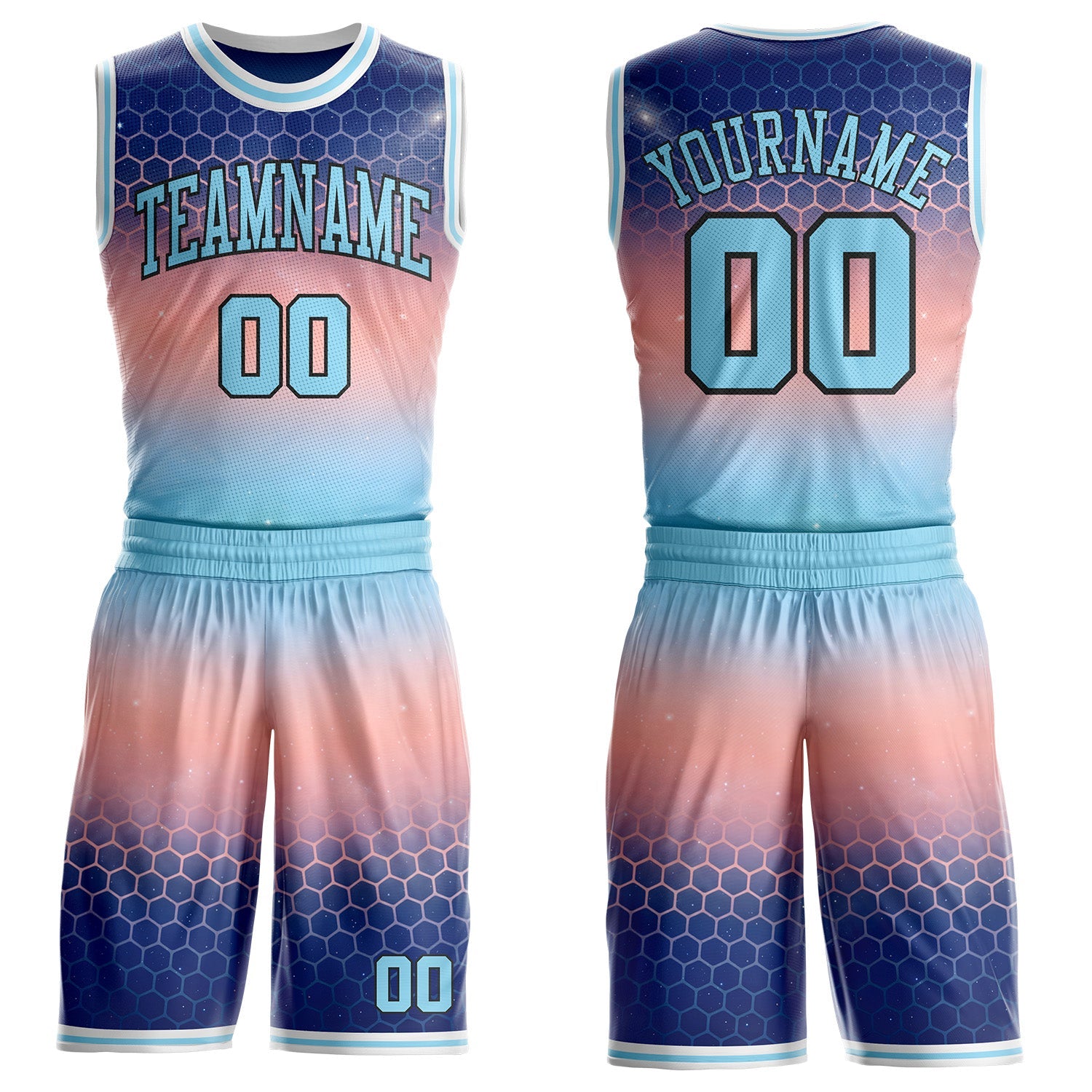 Custom Blue Light Pink Black-White Nebula Starry Galaxy Space Geometric Honeycomb Round Neck Sublimation Basketball Uniform Jersey