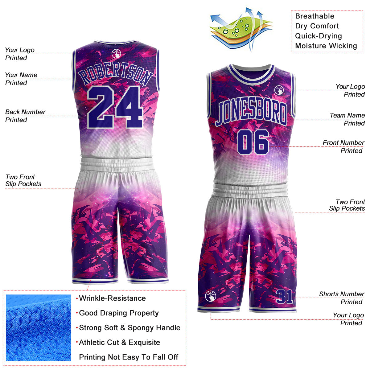 Custom White Dark Purple-Pink Nebula Starry Galaxy Space Round Neck Sublimation Basketball Uniform Jersey