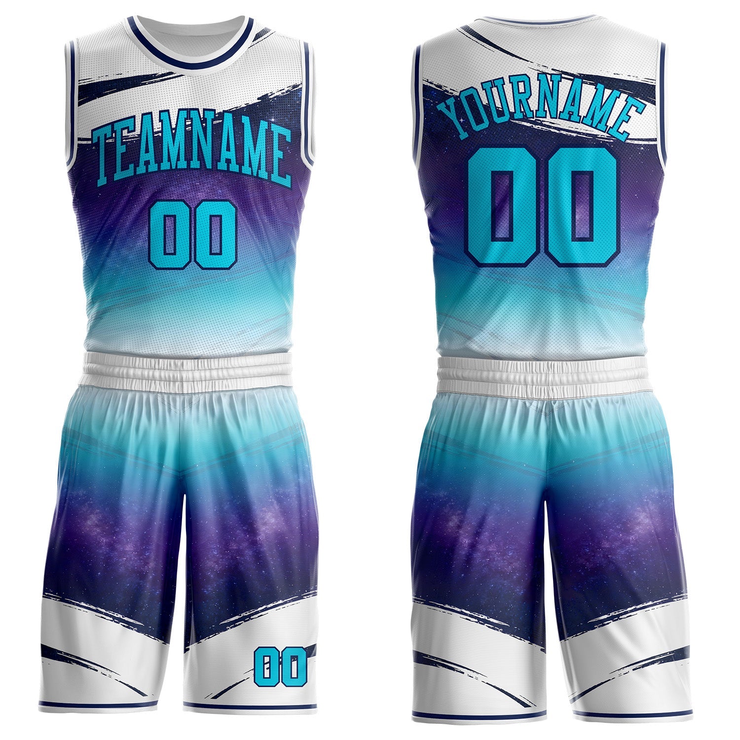 Custom White Sky Blue Purple-Navy Nebula Starry Galaxy Space Round Neck Sublimation Basketball Uniform Jersey