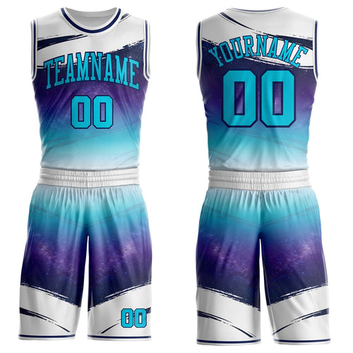 Custom White Sky Blue Purple-Navy Nebula Starry Galaxy Space Round Neck Sublimation Basketball Uniform Jersey