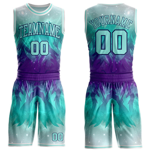 Custom Ice Blue Purple Navy-White Nebula Starry Galaxy Space Round Neck Sublimation Basketball Uniform Jersey
